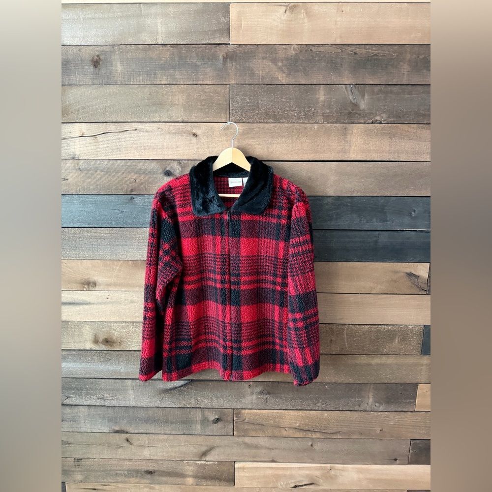 Vintage Plaid Fleece Jacket Red Black Faux Fur Collar Zip Front Size S - Picture 10 of 10